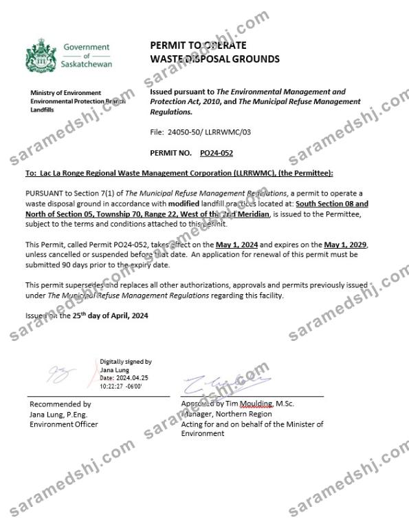 Canada Saskatchewan Permit to operate waste disposal grounds